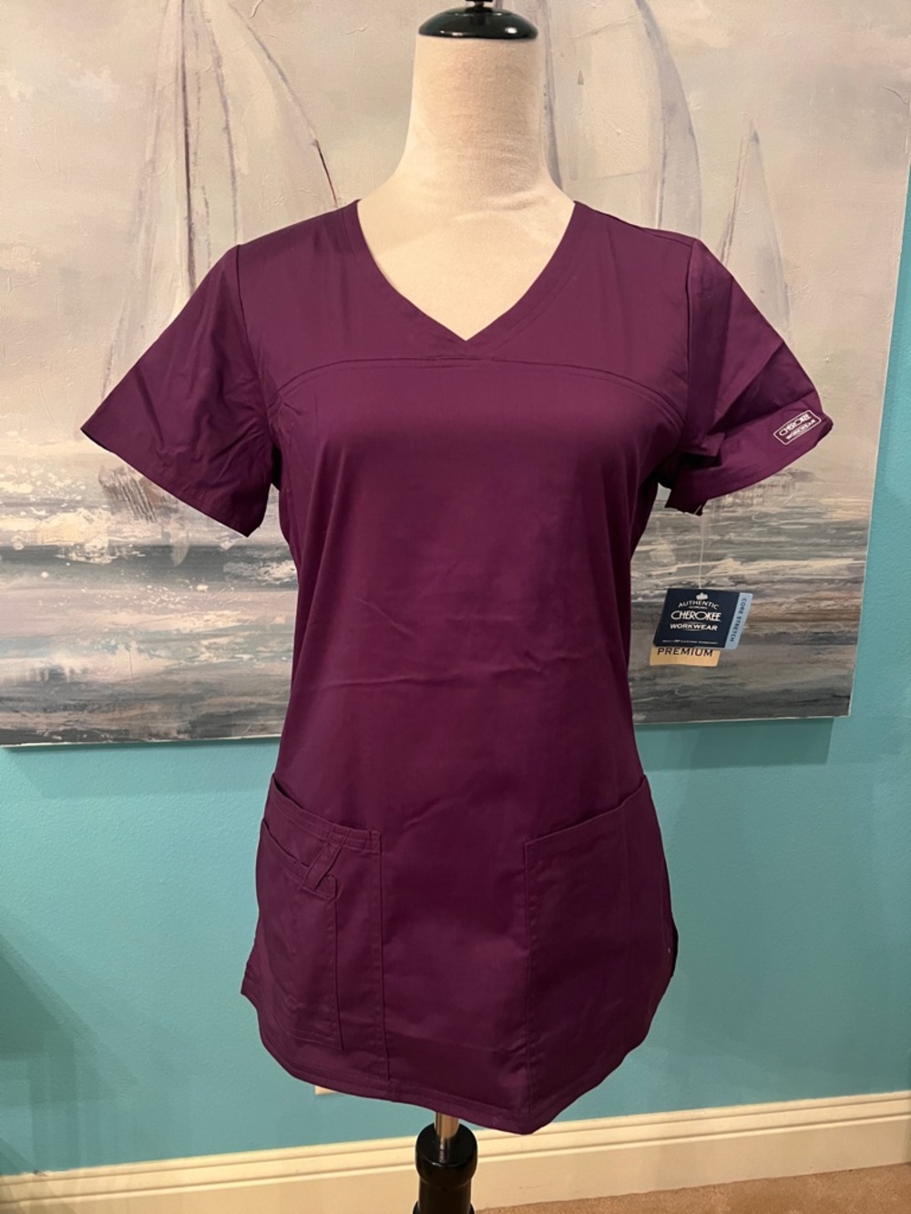 NWT Cherokee Workwear Core Stretch Eggplant Scrub Top, XS